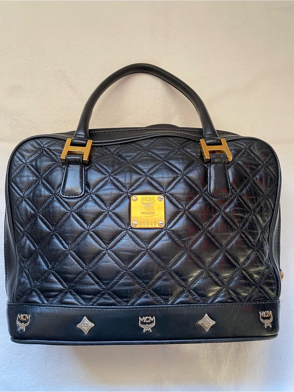MCM Black Quilted Leather Top-Handle Briefcase with Gold Plaque